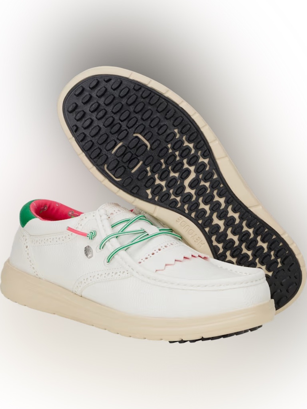 Wendy Golf Classic Hey Dude White Slip-On Sneakers with Pink & Green Accents